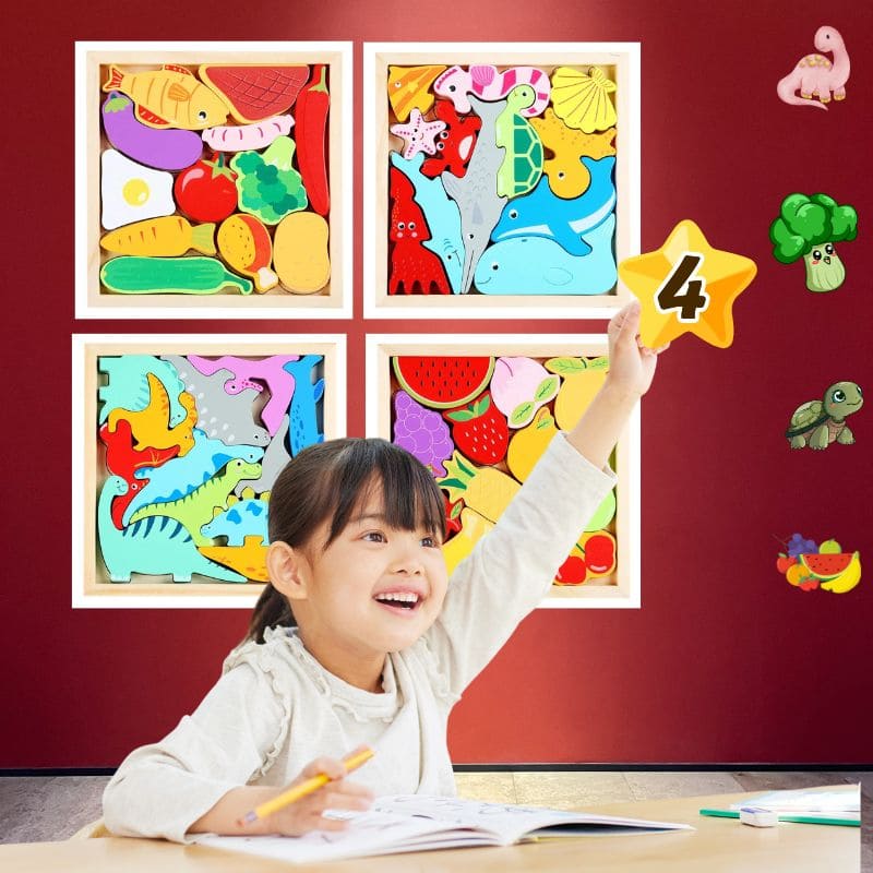 puzzle-en-bois-forme-carré-pack-4-puzzles-dont-dinosaures-fruits-légumes-animaux