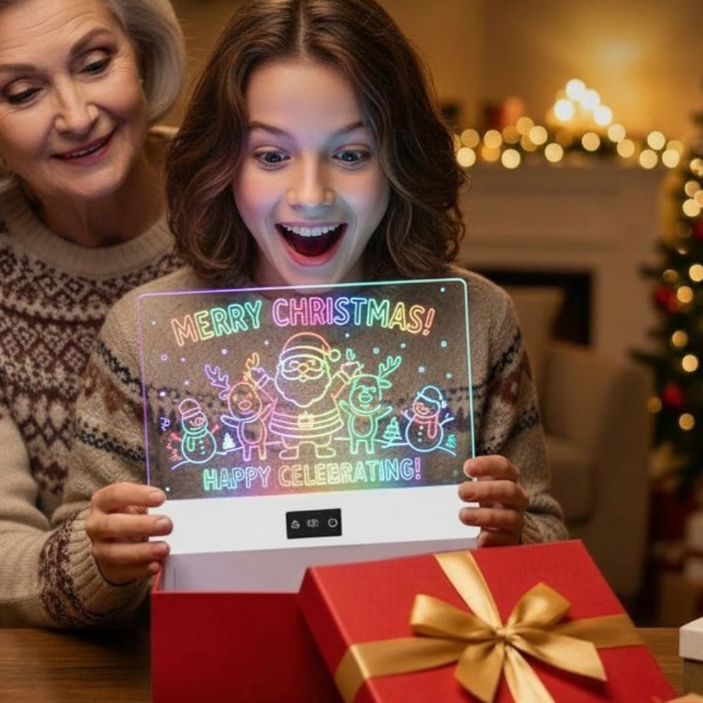 tableau lumineux pour dessiner extra enfantheureux de recevoir son cadeau de Noël un Lumi'Board nouvelle génération 2026