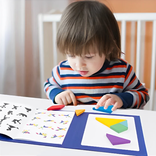 un gamin de 4 ans choisi un défit à faire avec son Tangram coloré aux 7 pièces aimantée