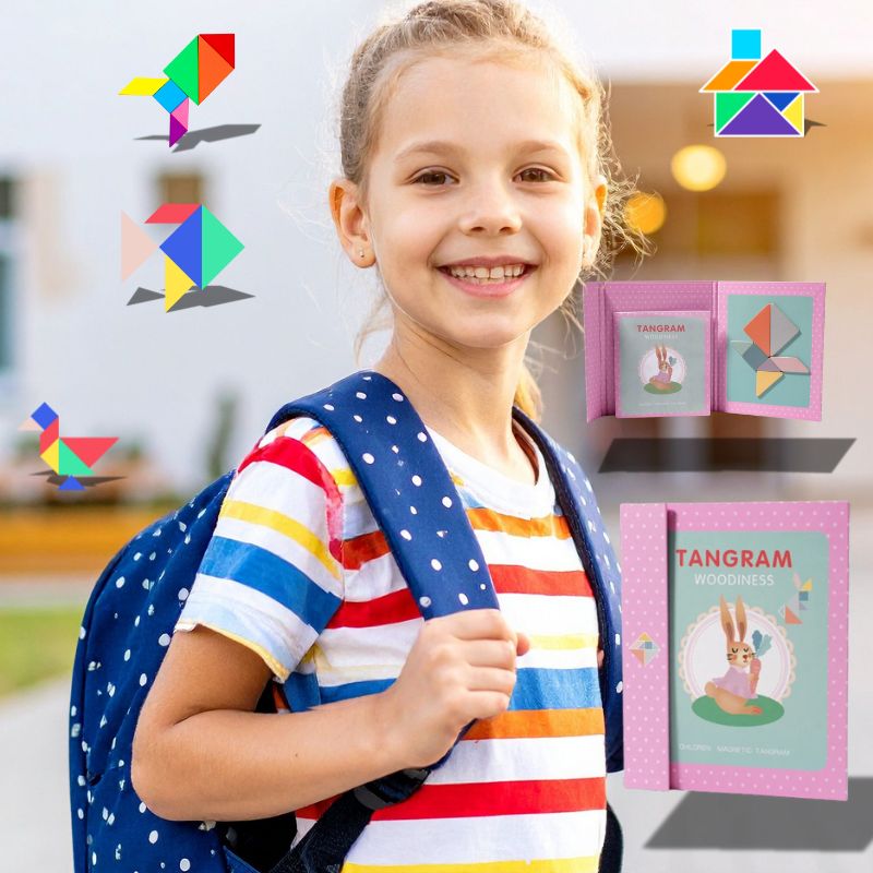jeune fille va a l école avec son nouveau jeu de tangram rose et ses 296 défis a accomplir