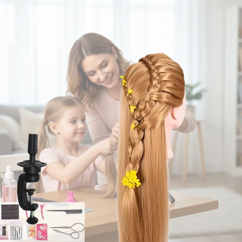 tete a coiffer enfant blonde cheveux longs et lisses avec pinces de maintient sur table et accessoires de coiffure en cadeau