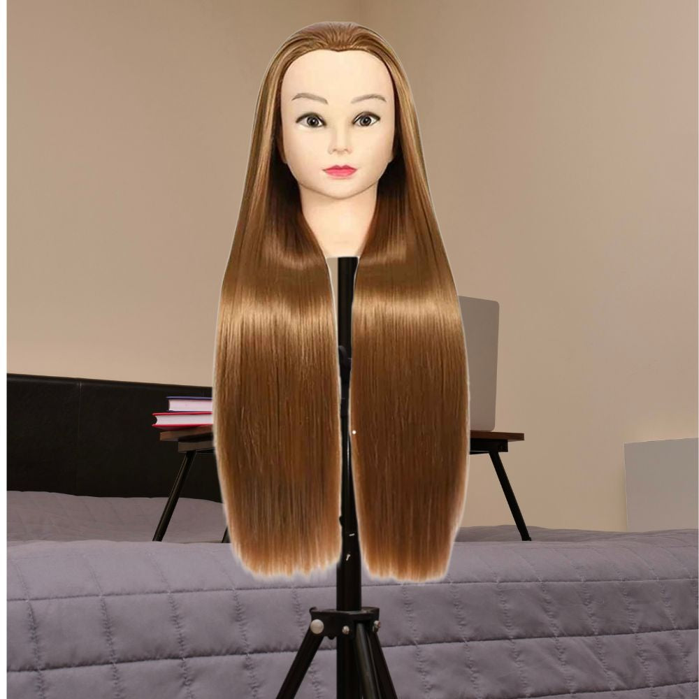 tête à coiffer enfant longs cheveux synthétiques châtains avec reflets lustrés