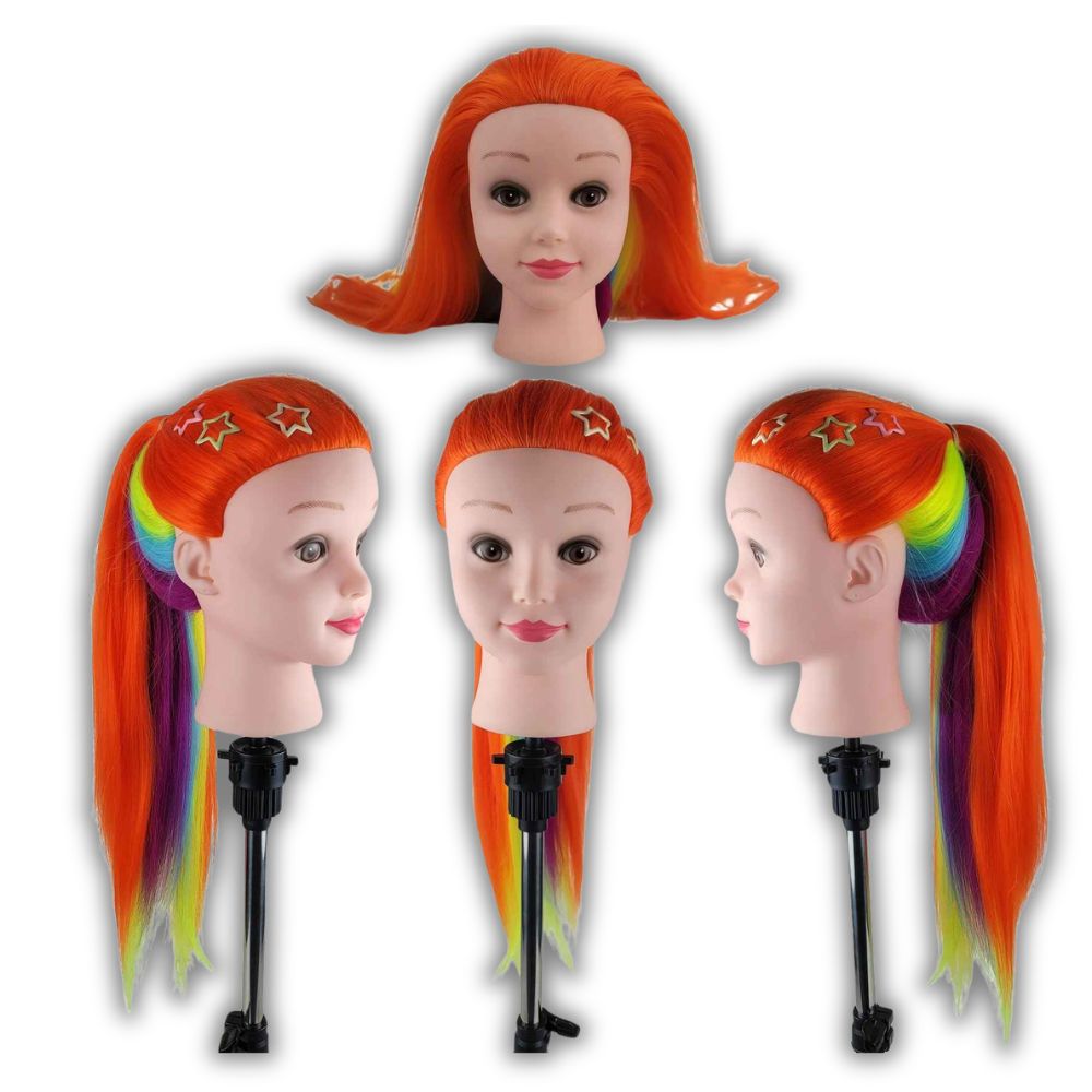 tête à coiffer enfant 3-8ans aux couleurs vibrantes orange, vert,violet,jaune,bleu cheveux synthétiques