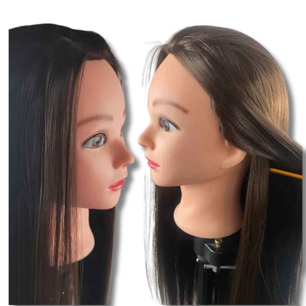 tete a coifer enfant pour fillette au cheveux brunette foncés, longs et lisses en synthétiques