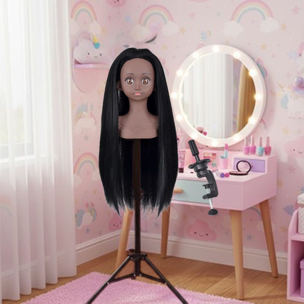 tete a coiffer enfant noir, cheveux longs et crépus en synthétique pour 5+ans