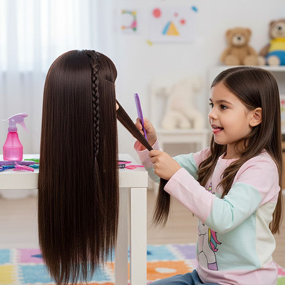 tete a coiffer et a maquille aux cheveux longs brun lisse