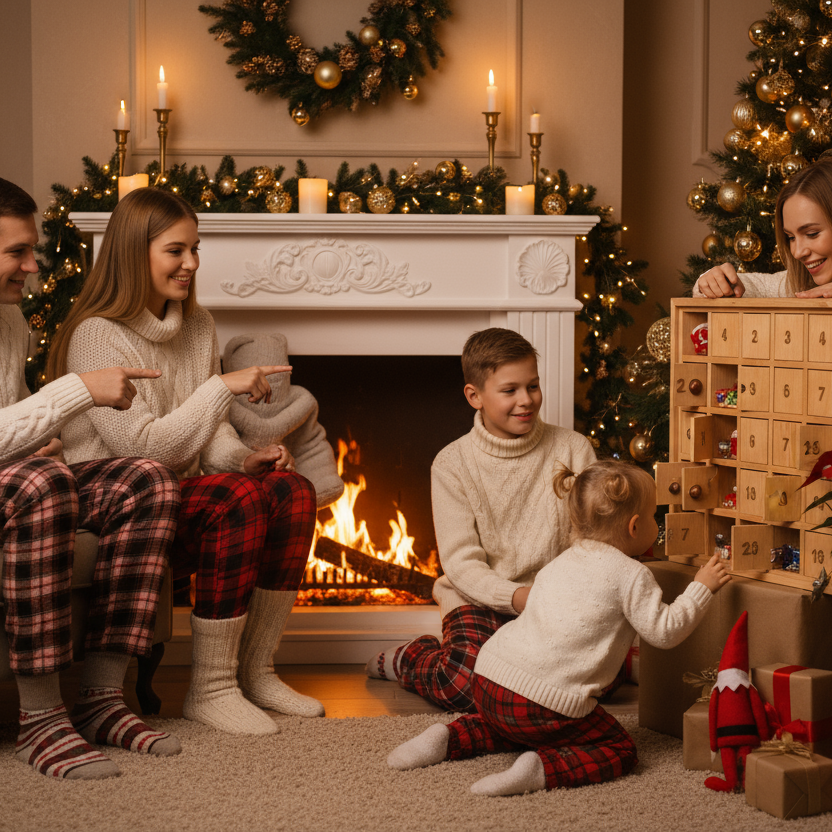 UNE FAMILLE TRADITIONELLE OUVRE UN CALENDRIER DE L'AVENT ET LE PLUS JEUNE DES ENFANT CHERCHE LE LUTIN FARCEUR