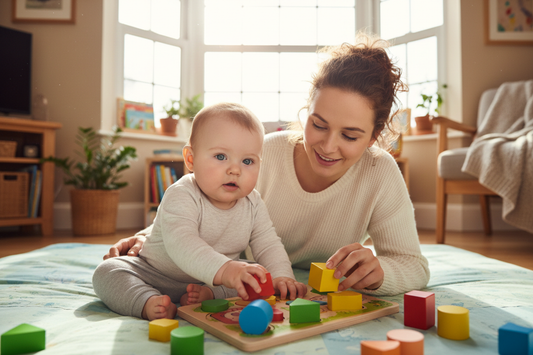 un bébé de 1o mois avec son casse-tête en bois coloré et sa maman pour l'accompagner dans sa découverte du puzzle bébé