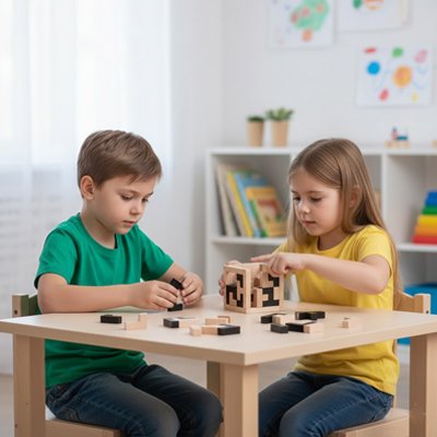 2 enfants jouent avec Casse tête en bois cubique 3d 