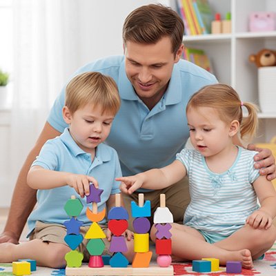 2 enfants jouent avec leur père aux défis de Puzzle bois coloré