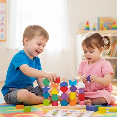 2 jeunes enfants jouent au jeu de ligique Puzzle bois