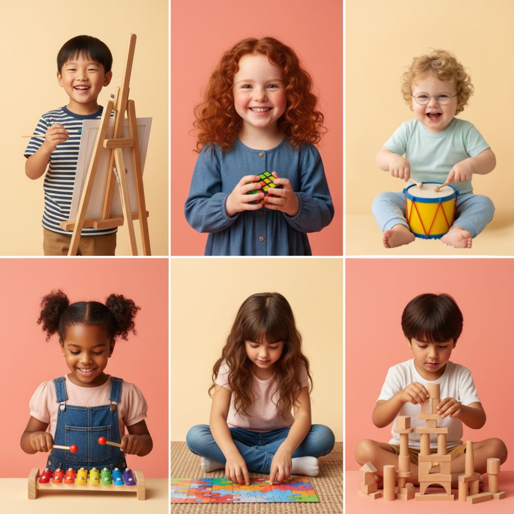 6 enfants avec un jouet éducatif axé sur leur développement et leur plaisir du jeux et activité ludique