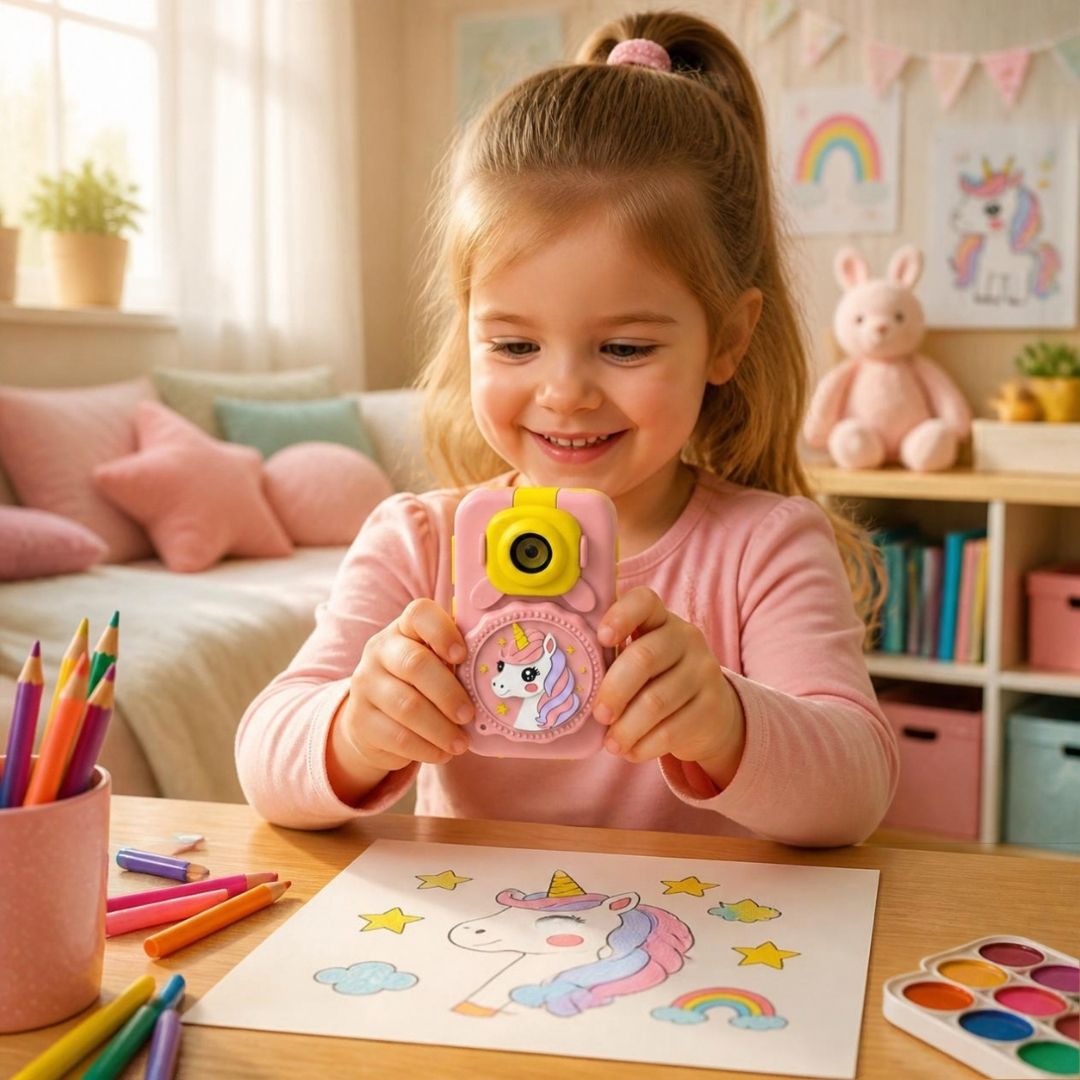 une fillette photo graphie son dessin avec son appareil photo et microscope enfant 2 en 1 