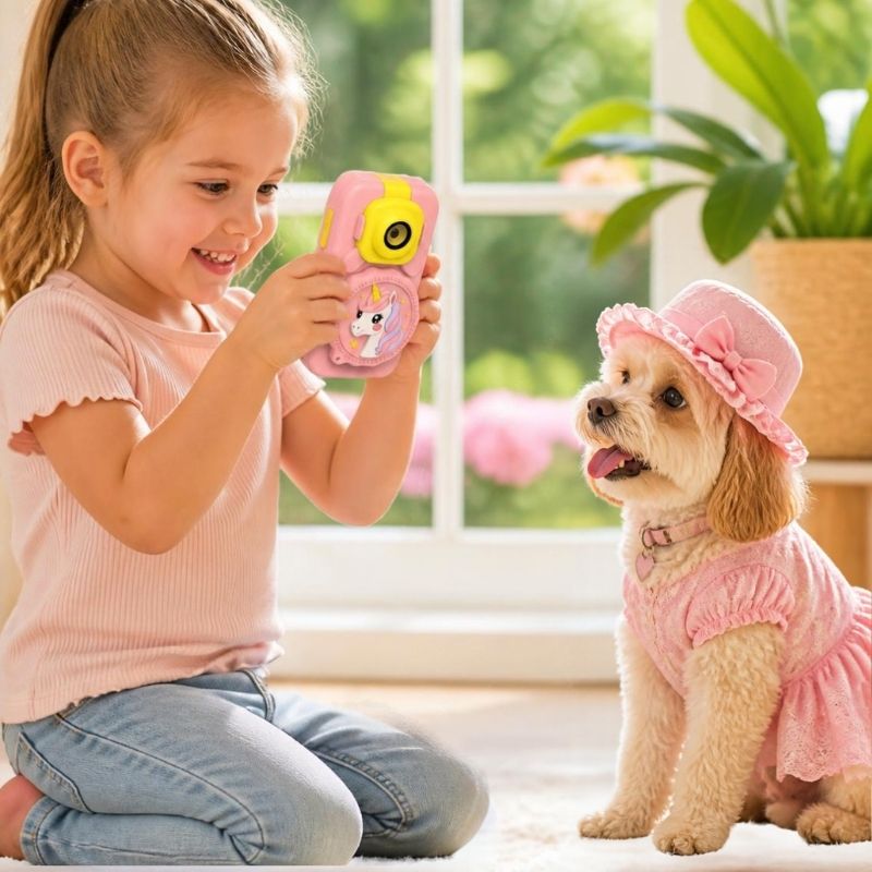 une fillette de 4 ans photographie son chiot avec son appareil photo et microscope enfant 2 en 1 