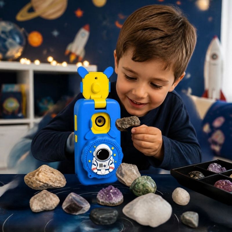 un garcon observe ses pierres précieuse avec la fonction microscope de son appareil photo et microscope enfant 2 en 1 