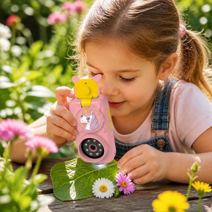appareil photo et microscope enfant 2 en 1  rose avec design licorne l a fillette de 4 ans observe et enregistre