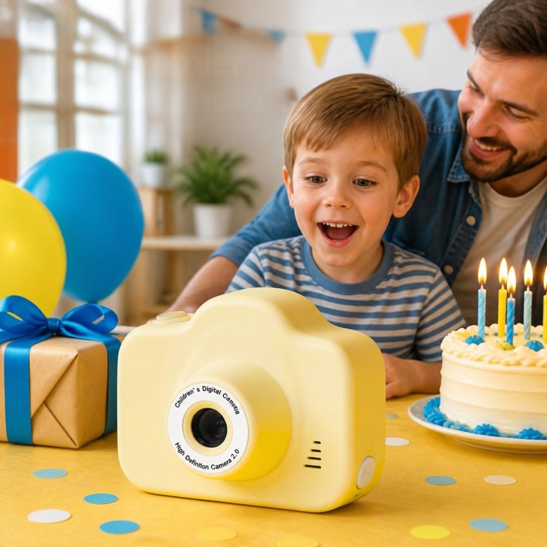 un père offre un appareil photo enfant jaune robuste pour l anniversaire de son fils de 4 ans