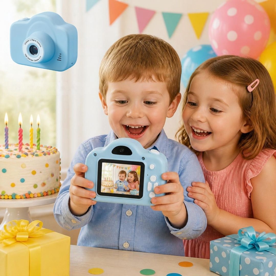 2 enfants   développent le cadeau d'un appareil photo enfant camera kids bleu