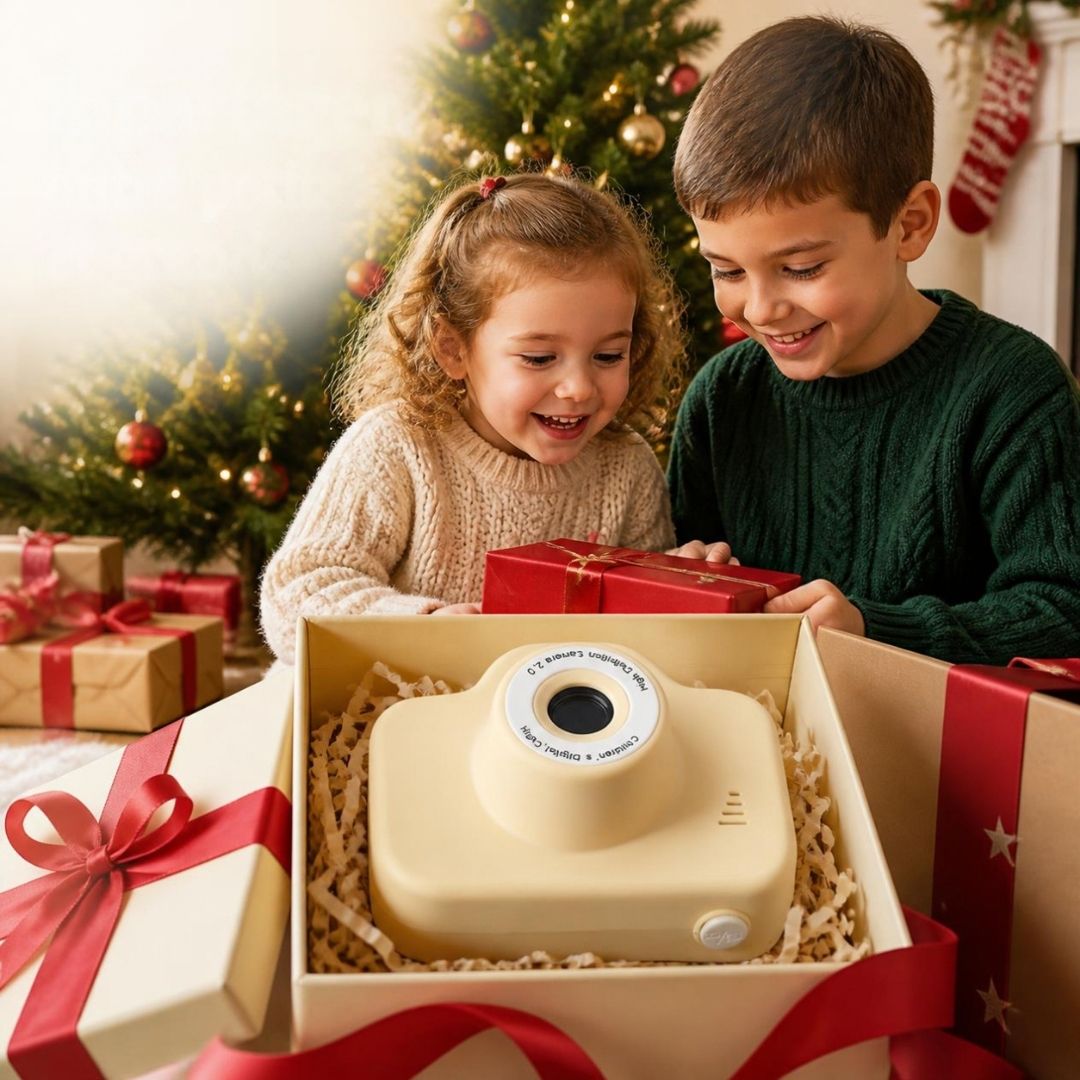 2 enfants sous le sapin développent le cadeau d'un appareil photo enfant camera kids jaune