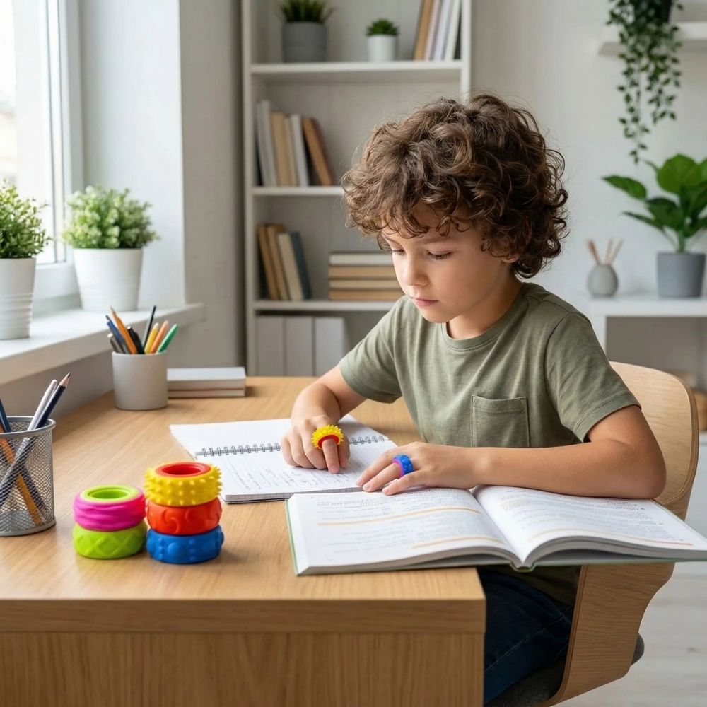 un garçon concentré à faire ses devoirs grâce a sa bague anti stress 