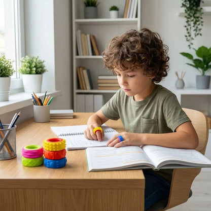 un garçon concentré à faire ses devoirs grâce a sa bague anti stress 