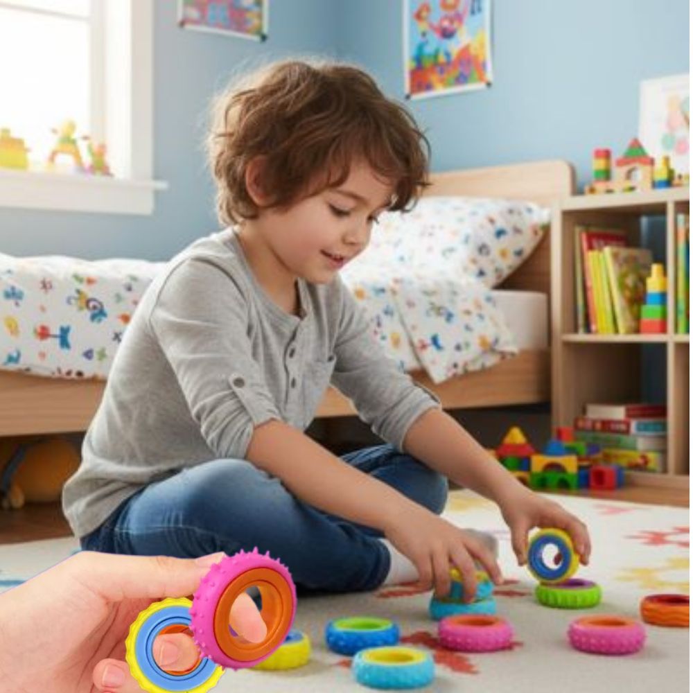 un gamin joue avec ses anneaux coloré de ses nouvelles bague anti stress 