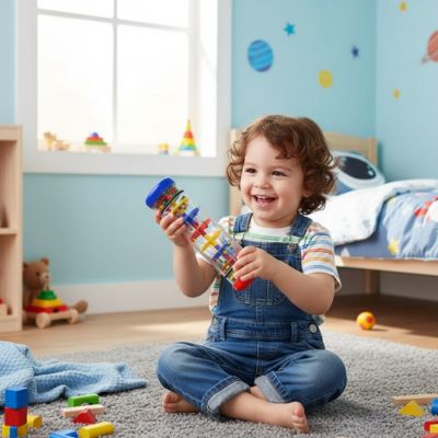 un enfant fait de la musique et découvre le rithmes avec son jouet sensoriel appelé: baton de pluie