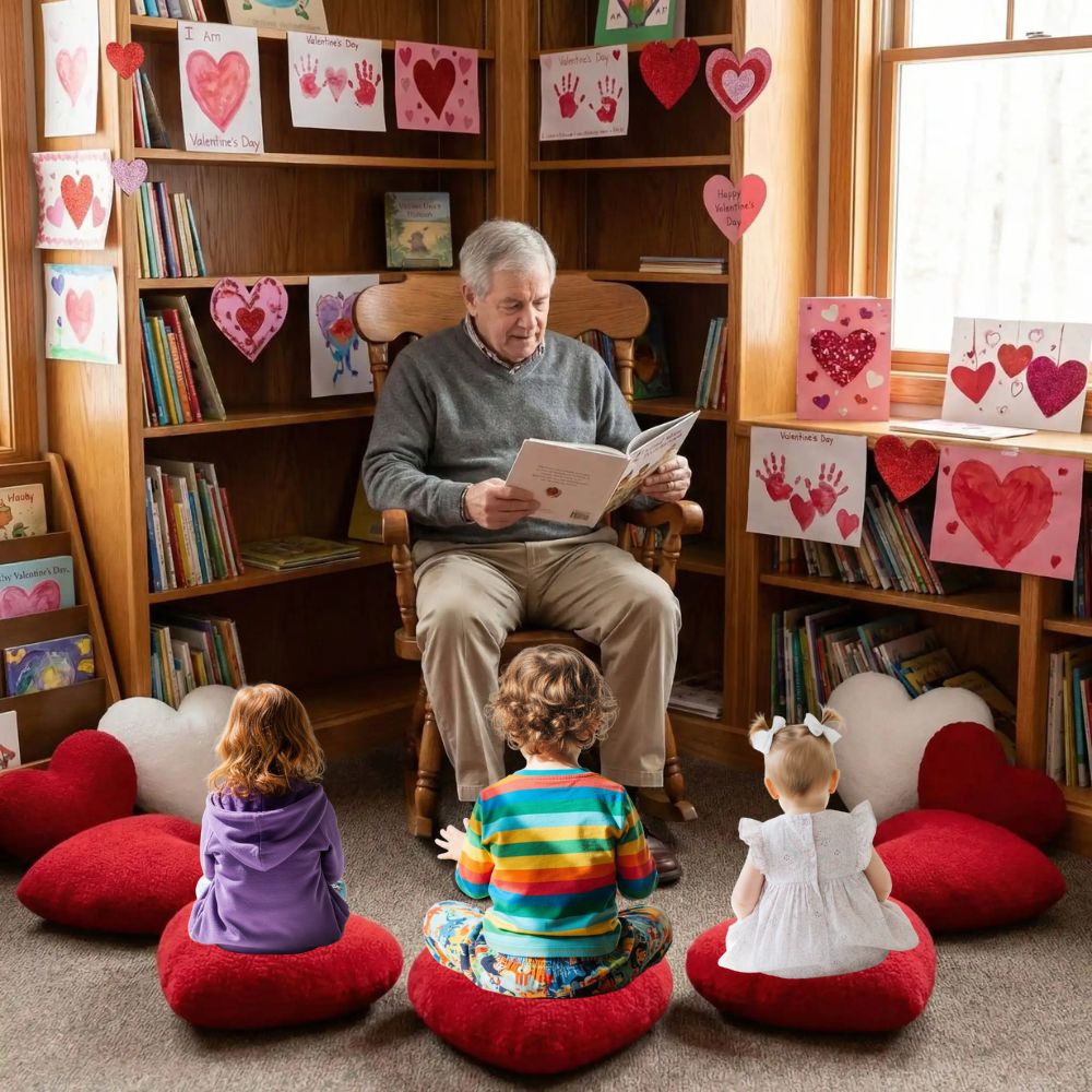 bien assis sur les coussin en forme de cœur st-Valentin rouge, les enfant écoute l'histoire de papy