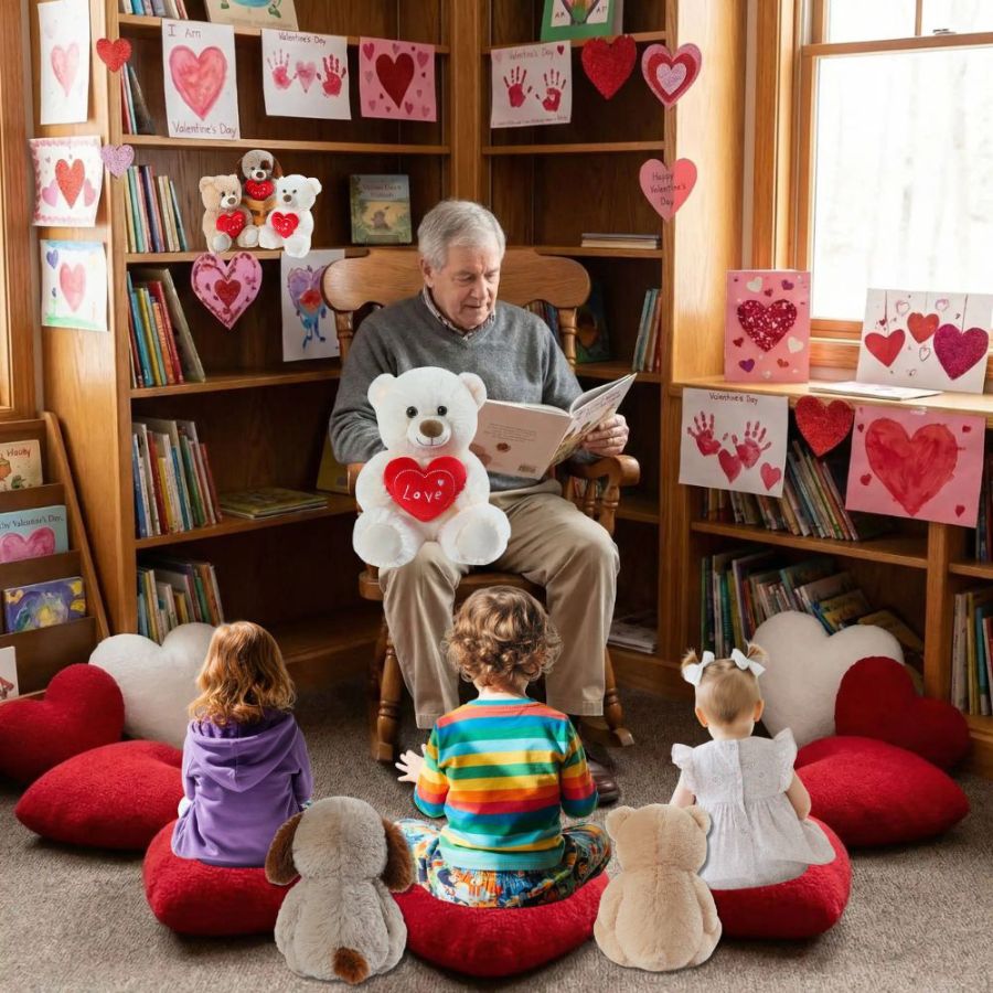 un grand papa lit un livre avec les cadeaux st-valentins qu il a donnés soit 3 peluche avec ceur amour