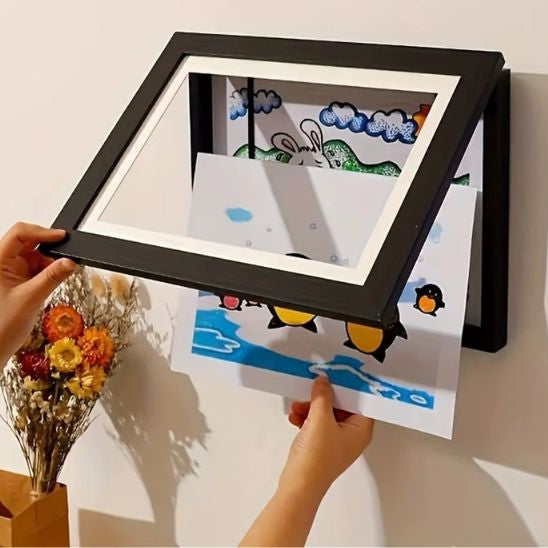 cadre dessin enfant en bois noir boite pour 150 dessins A4