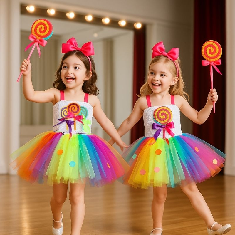 portant le déguisement fille:Candy-Girl 2 Fillettes en spectacle scolaire, avec robe tutu multicolore aux couleurs vives, inspirée des bonbons.