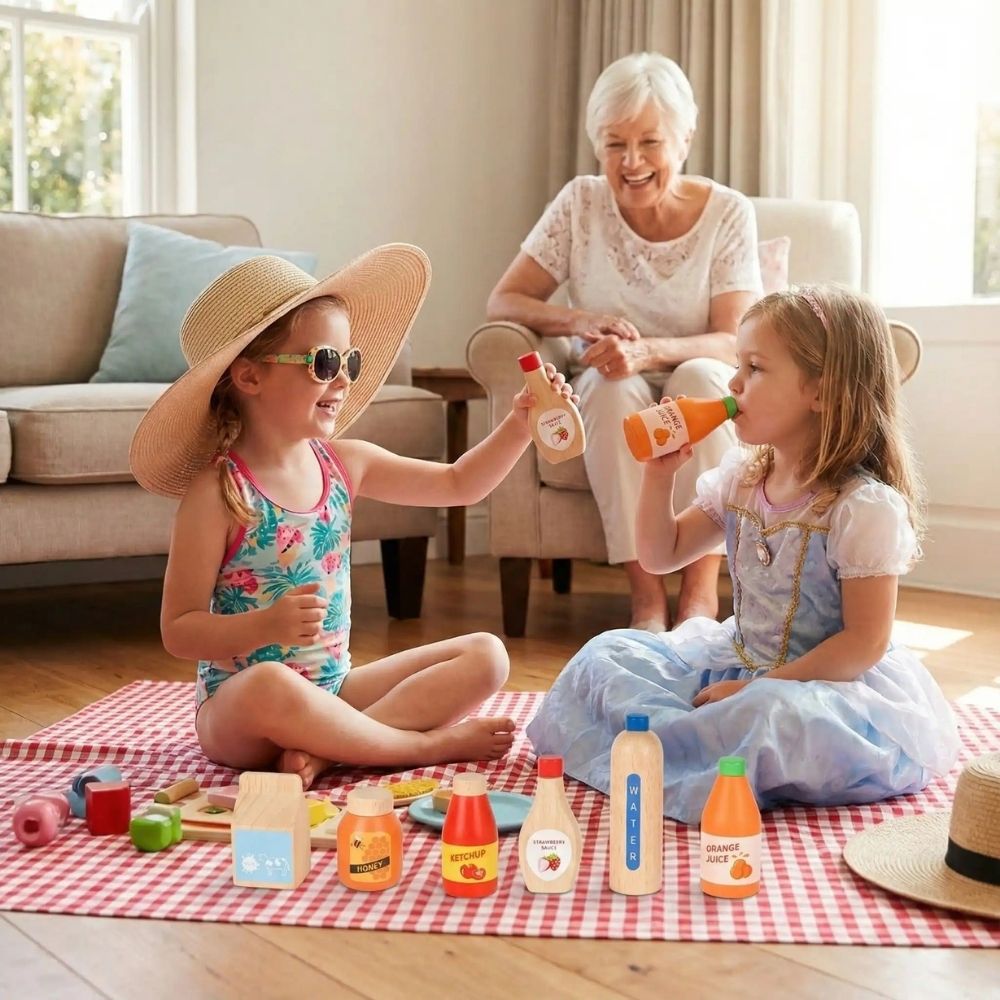 dinette en bois pour jeu d'imitation bouteilles de nourriture à boire jouets en bois de collection