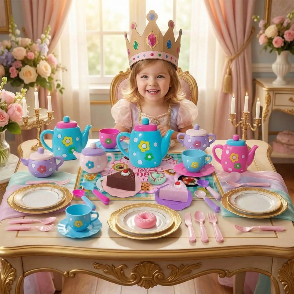 une fillette en princesse prend le thé avec ses amis imaginaire