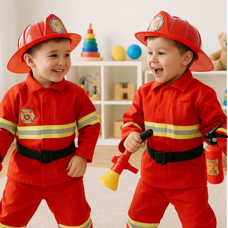 Deguisement pompier enfant avec pistolet à eau pour jeux de rôle.