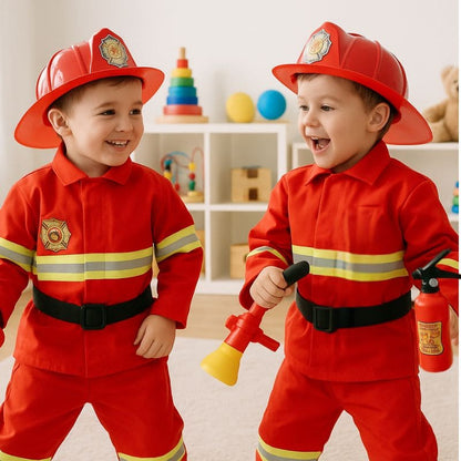 Deguisement pompier enfant avec pistolet à eau pour jeux de rôle.