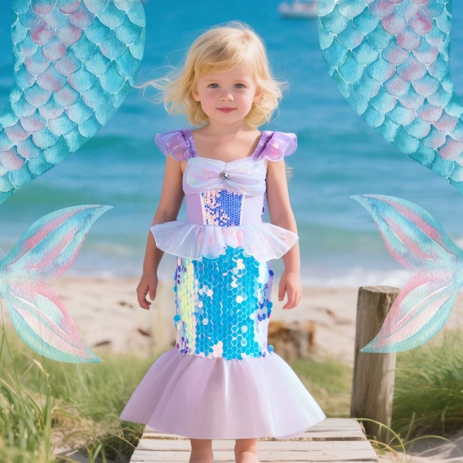 Belle petite fille sur le quai de bois porte son déguisement sirene aux écailles argentées briillant au soleil de toute beauté