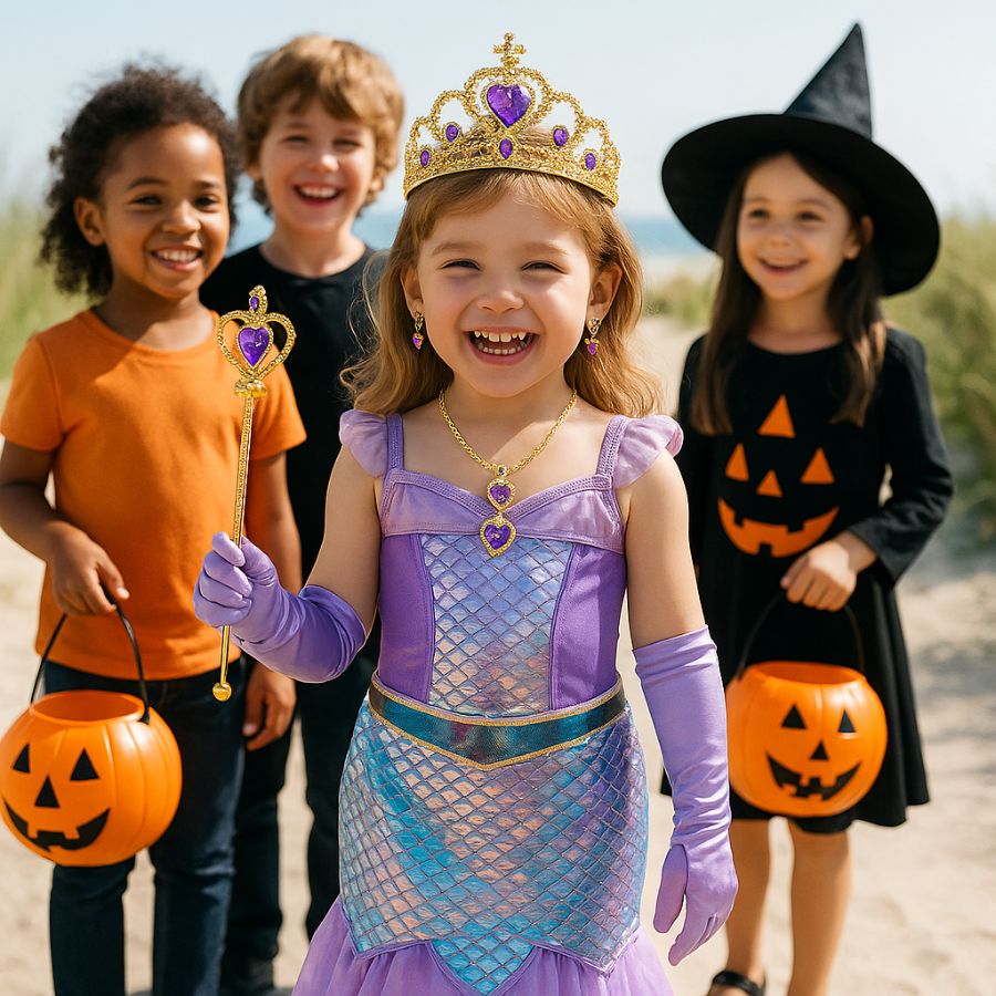 4 enfants passent Halloween avec la fillette qui porte son déguisement sirene violet et ses accessoire de reine dorés