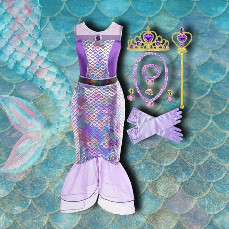 Deguisement-sirene-robe-mauve-gants-bijoux-couronne-baguette-magique-costume-