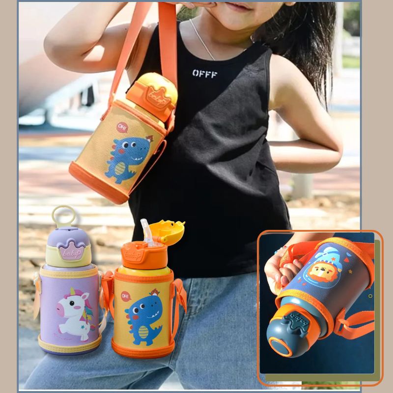 Gourde-isotherme-enfant-avec-sac-transport-bandoulière-paille-silicone-qualité-alimentaire