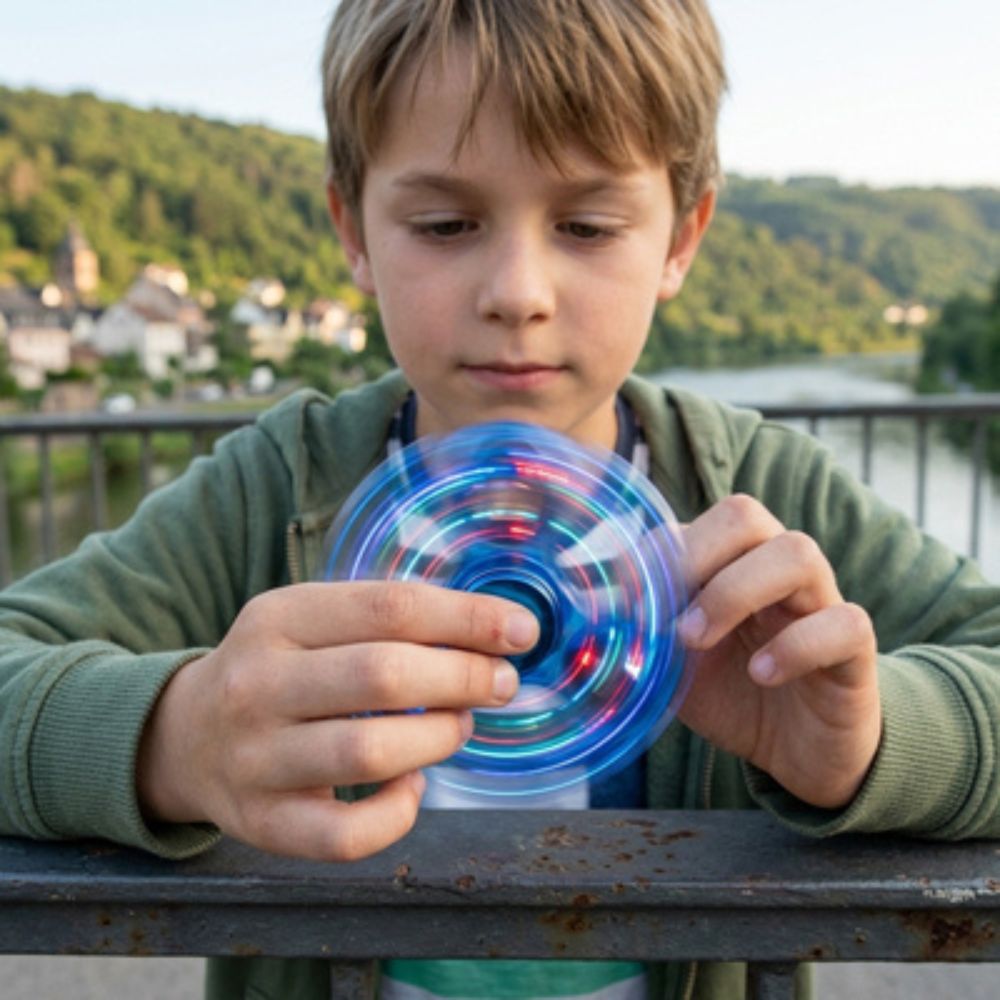 un garçon libère son stress en observant son hand spinner LED avec concentration
