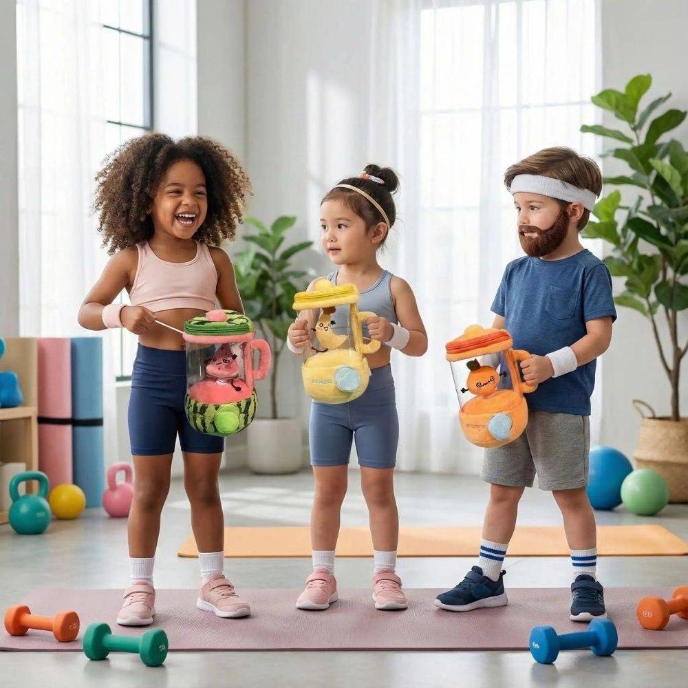 3 enfants jouent   au gym et s'hydrate avec le juicer jouet pour cuisine faiseur de jus