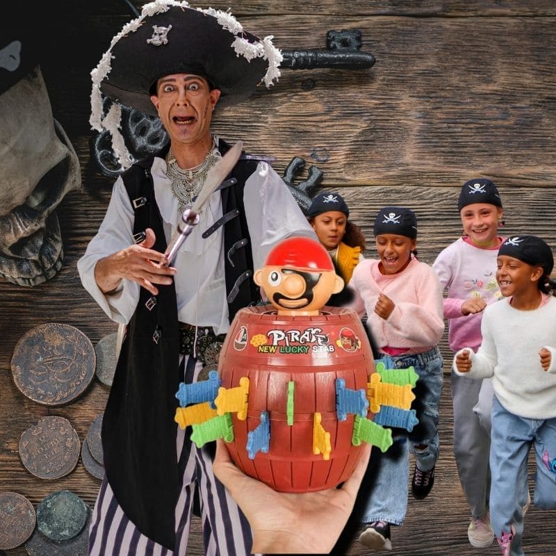 un vieux Pirate en noir et blanc est très inquiet de voir sortir son ami pirate de son barilles enfants courent voir le pirate drole et amusant