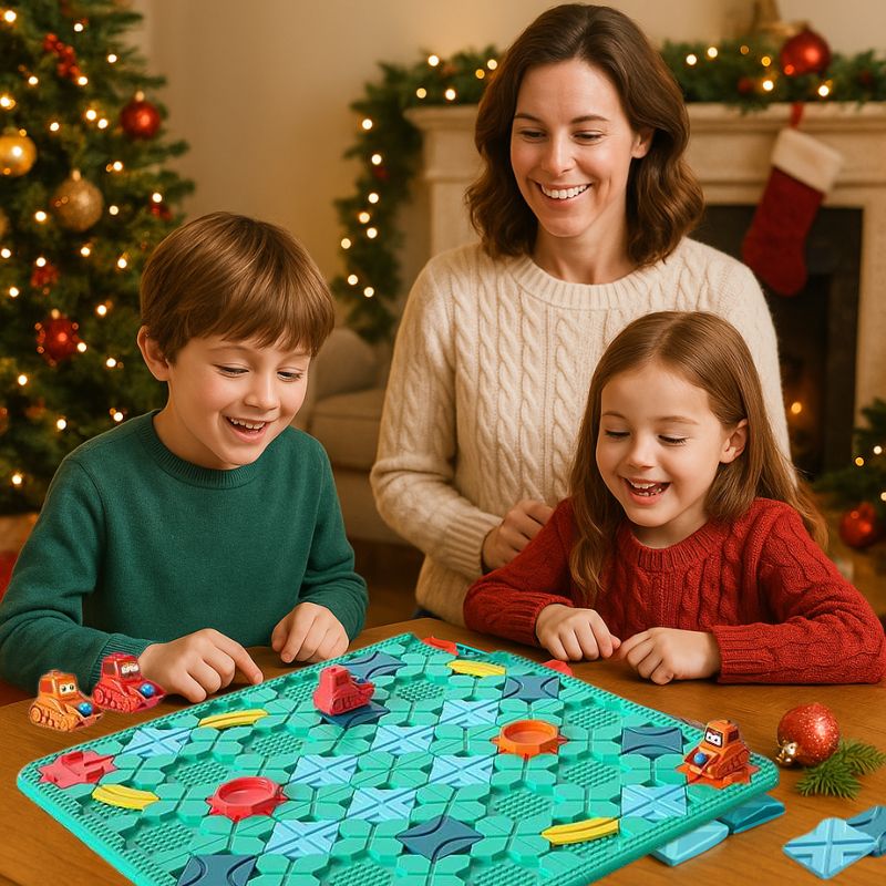 À Noël, la famille joue au jeu de logique de labyrinthe de construction routière