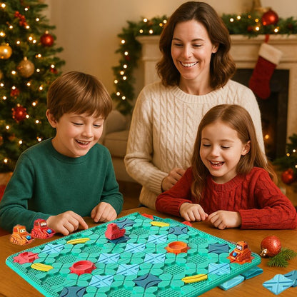À Noël, la famille joue au jeu de logique de labyrinthe de construction routière