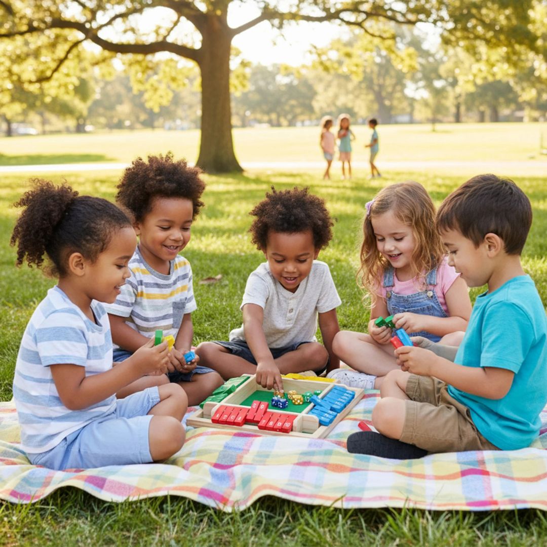 4 enfants de 5 ans sont installée sur la couverture de pique nique pour jouer aux jeux de société famille aux dés