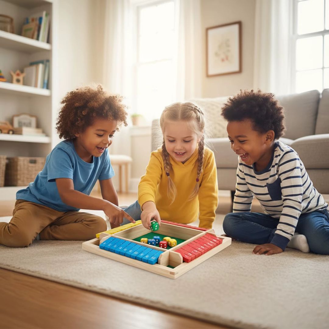 trois enfants installés au solle pour jouer aux jeux de société famille Ferme ta boîte de Jeux-Focus