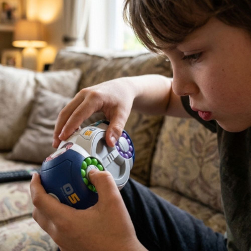 un gamin réfléchi concentré sur son jouet anti stress fidget toy spin puzzle niveau expert