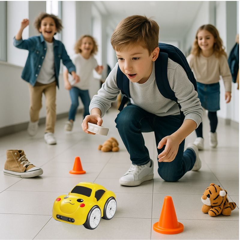 un garçon joue avec sa mini voiture télécommandée jaune coccinelle dans le corridore de l'école a la récréation de l'école