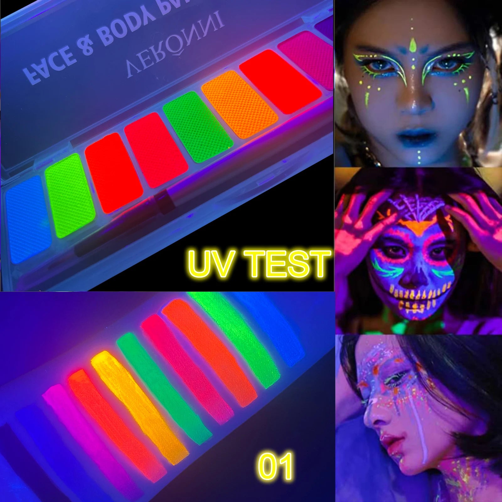 Maquillage Halloween fluorescent pour enfant et déguisement de professionnel option couleur avec uv qui relui dans le noir sous les projecteurs
