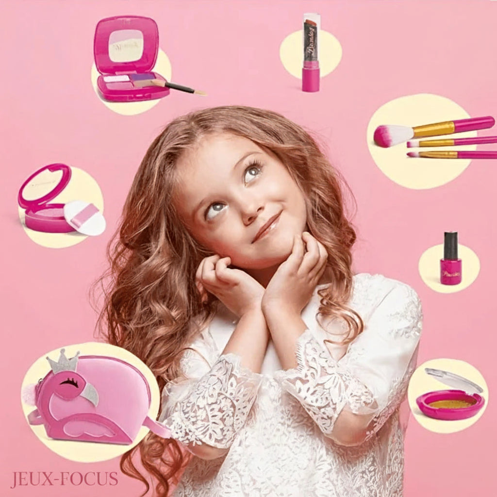 une fillette rêvasse avec son ensemble complet de maquillage enfant de princesse